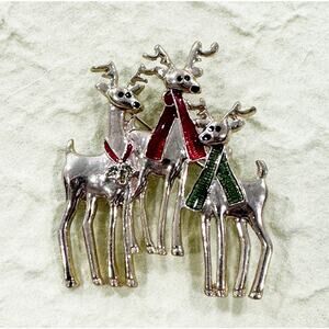 Vintage Gold tone Reindeer Trio Brooch – Festive Christmas Holiday Pin CP14